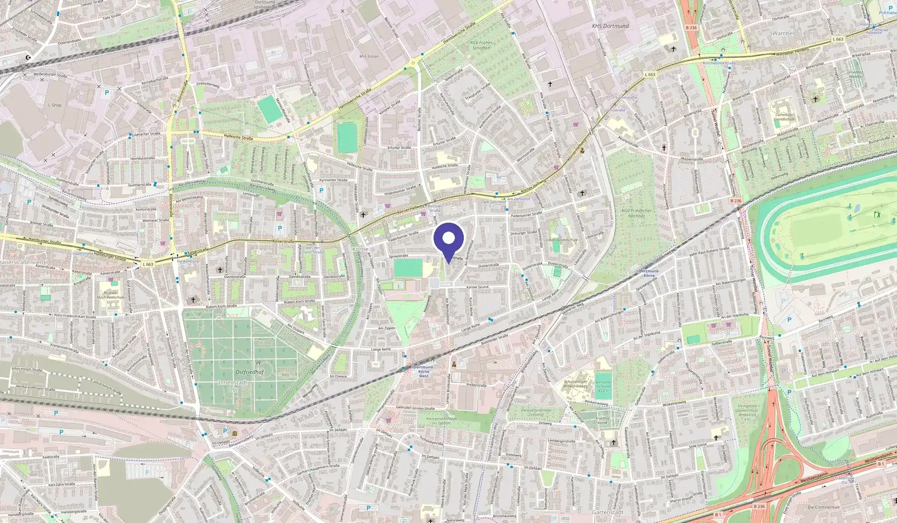 Karte mit dem Standort der Rando Kfz GmbH an der Berliner Straße 5 in Dortmund-Körne