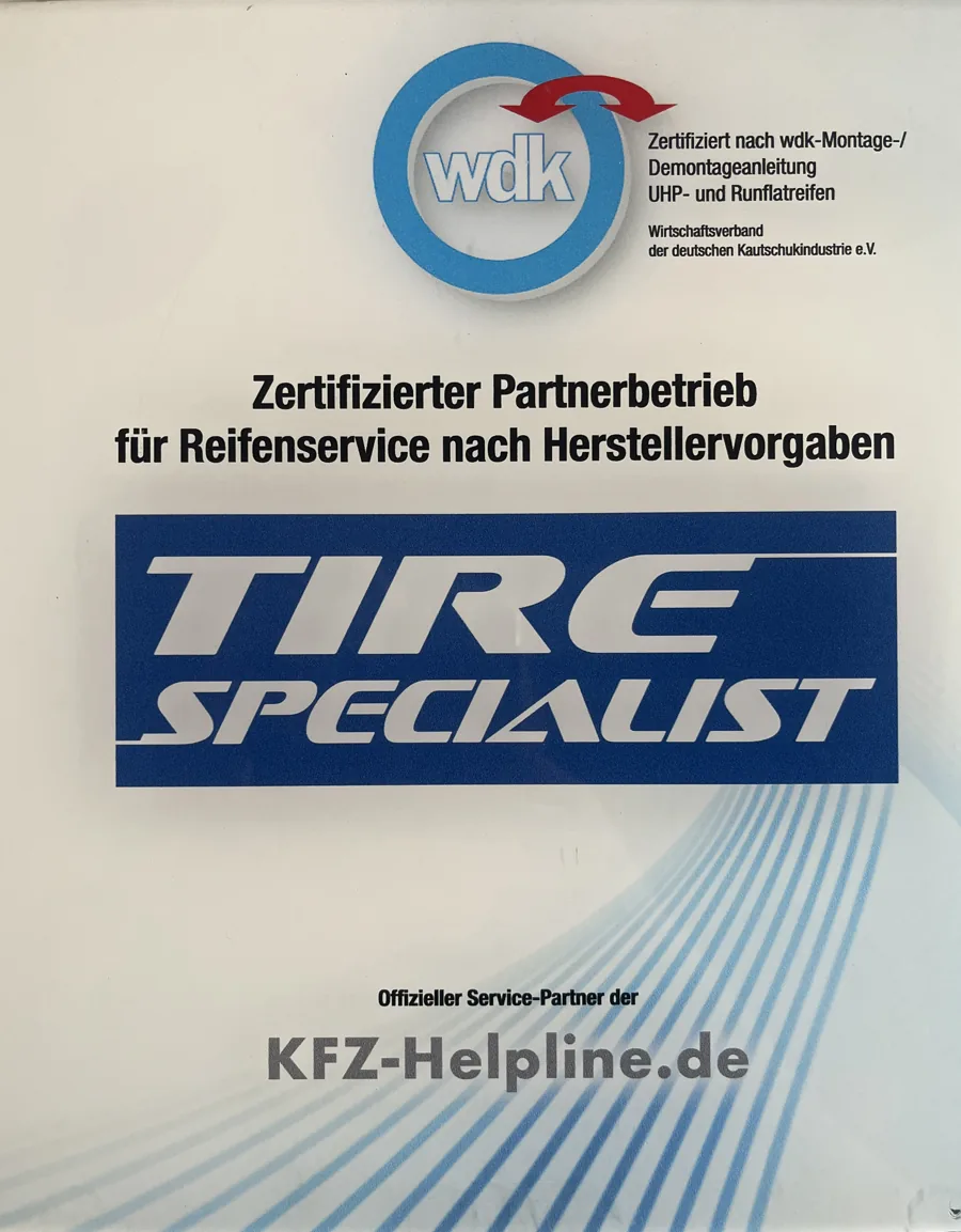 Zertifikat Tire Specialist: Partnerbetrieb für Reifenservice nach Herstellervorgaben, zertifiziert nach wdk